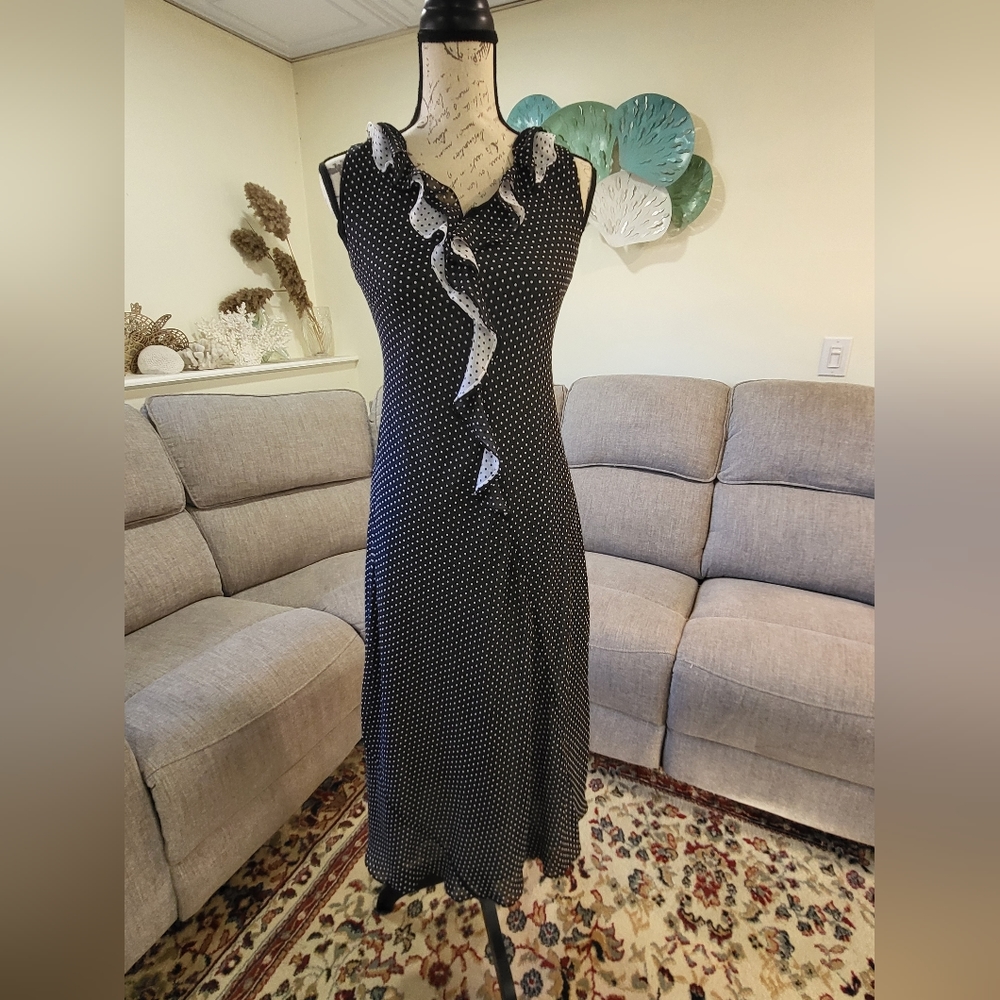 Charter Club 4P Black & White Polka Dot Polyester Dress w/ Ruffle Top Petite